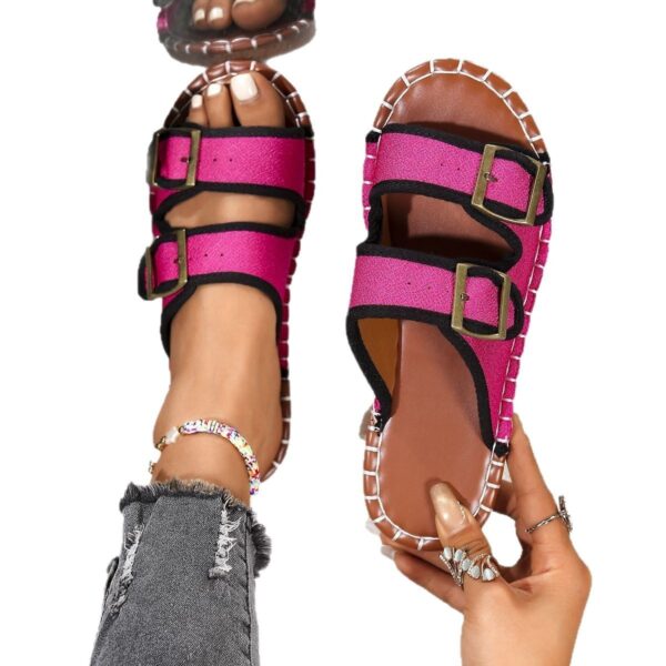 Women's Round Head Soft Bottom Double Buckle One-word Outer Wear Beach Slippers - Image 3