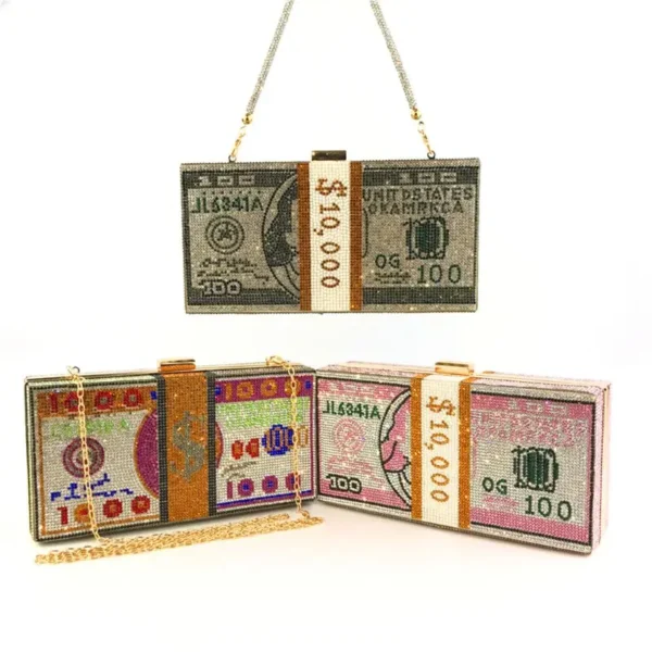 Creative Fashion New Money Clutch Rhinestone Purse 10000 Dollars Stack Bags of Cash Evening Handbags Shoulder Wedding Dinner Bag - Image 11