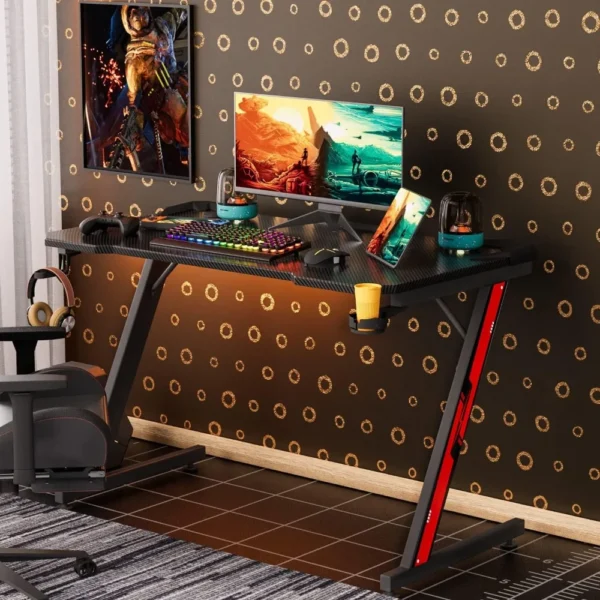 Game desk, carbon fiber surface computer desk, home office desk, with cup holder and headphone hook - Image 4