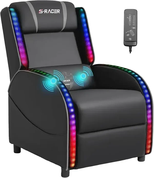 LED Gaming Massage Recliner Chair, Racing Style Single Living Room Sofa Comfortable Ergonomic Home Theater Seating, Chairs - Image 9