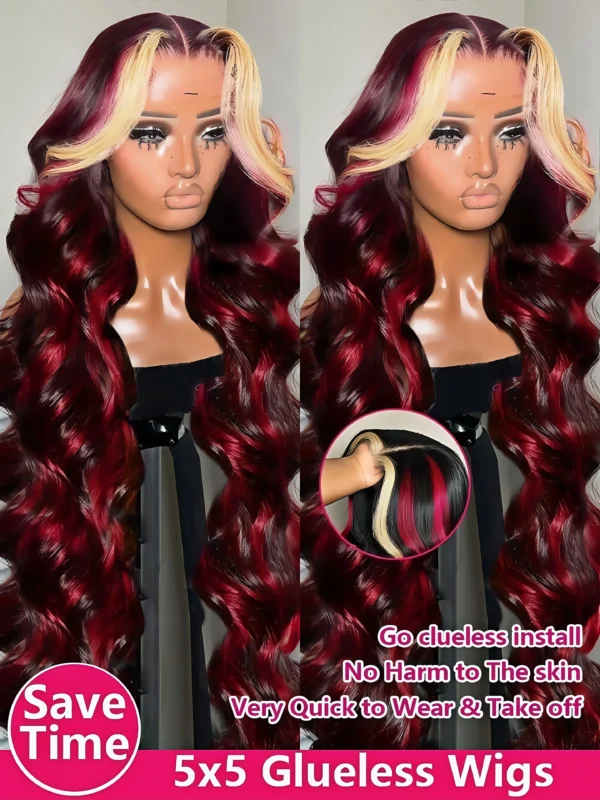 1B/99J/27 Omber black hair with red blonde Highlight 5x5 Hd Lace Closure Body Wave Wig Human Hair 99J Glueless Wig Ready To Wear - Image 8