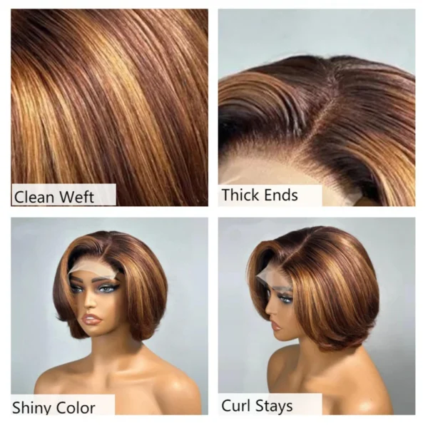 4/27 Highlight 4x4 Body Wave Glueless Closure 100%Human Hair Frontal Wigs Ombre Brown Mix Blonde Water Wave C Part Short Bob Wig - Image 6