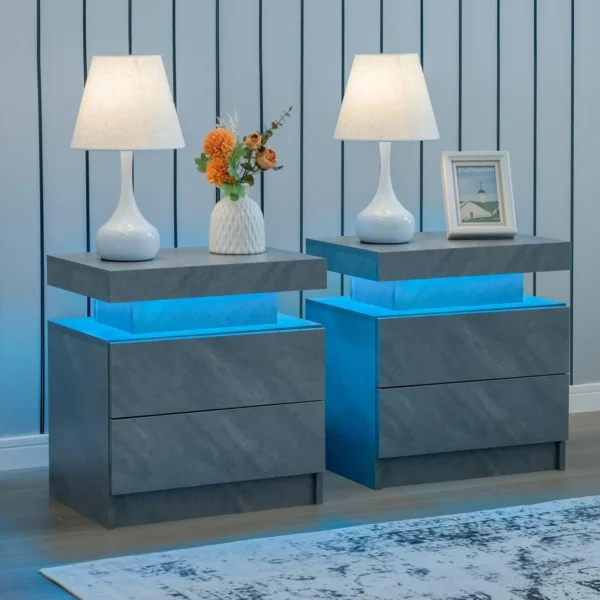Nightstand Set of 2 LED Nightstand with 2 Drawers,Night Stand Set 2 with LED Light,Bedside Table with Drawers for Bedroom - Image 8