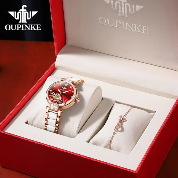 OUPINKE 3211 Women's Watch Elegant Rose Gold Diamond Ceramic Automatic Machinery Women's Watch Luxury Brand Women's Bracelet Set - Image 8