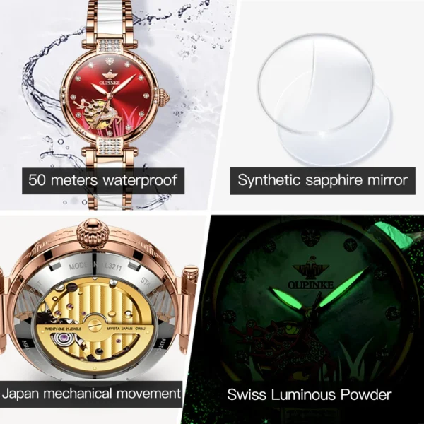 OUPINKE 3211 Women's Watch Elegant Rose Gold Diamond Ceramic Automatic Machinery Women's Watch Luxury Brand Women's Bracelet Set - Image 5