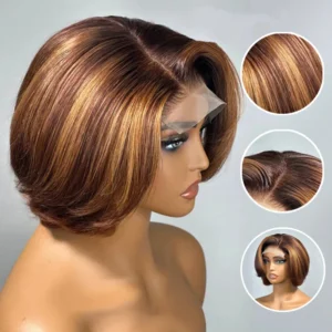 4/27 Highlight 4x4 Body Wave Glueless Closure 100%Human Hair Frontal Wigs Ombre Brown Mix Blonde Water Wave C Part Short Bob Wig