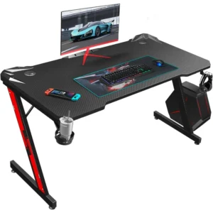 Game desk, carbon fiber surface computer desk, home office desk, with cup holder and headphone hook