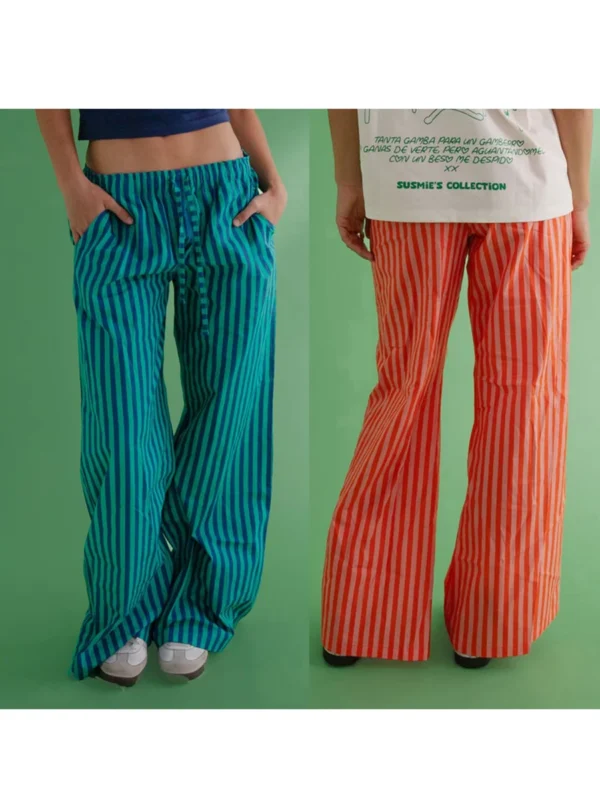 Combhasaki Women's Y2K Vintage Summer Baggy Long Pants Drawstring Elastic Low Waist Wide Leg Striped Trousers with 2 Pockets - Image 15