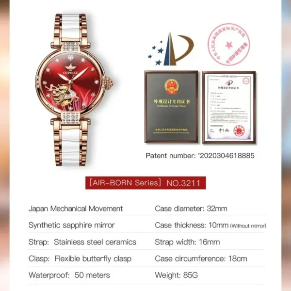 OUPINKE 3211 Women's Watch Elegant Rose Gold Diamond Ceramic Automatic Machinery Women's Watch Luxury Brand Women's Bracelet Set - Image 6