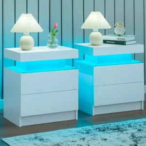 Nightstand Set of 2 LED Nightstand with 2 Drawers,Night Stand Set 2 with LED Light,Bedside Table with Drawers for Bedroom