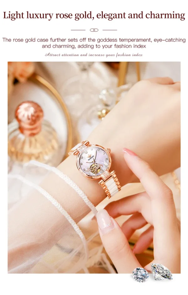 OUPINKE 3211 Women's Watch Elegant Rose Gold Diamond Ceramic Automatic Machinery Women's Watch Luxury Brand Women's Bracelet Set - Image 13