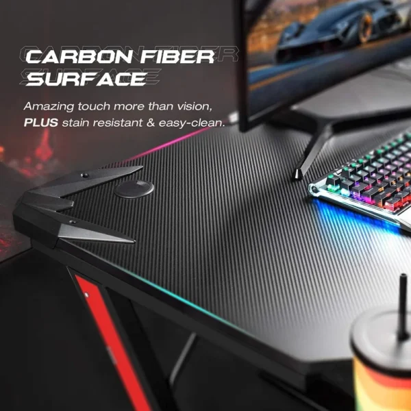 Game desk, carbon fiber surface computer desk, home office desk, with cup holder and headphone hook - Image 5