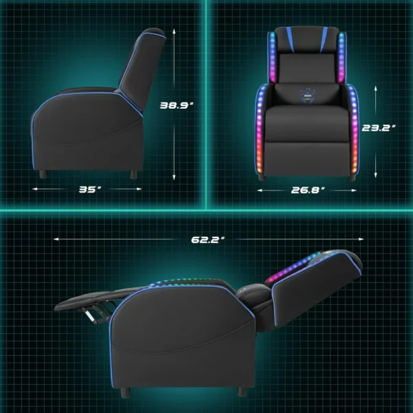 LED Gaming Massage Recliner Chair, Racing Style Single Living Room Sofa Comfortable Ergonomic Home Theater Seating, Chairs - Image 19