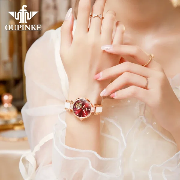 OUPINKE 3211 Women's Watch Elegant Rose Gold Diamond Ceramic Automatic Machinery Women's Watch Luxury Brand Women's Bracelet Set - Image 4