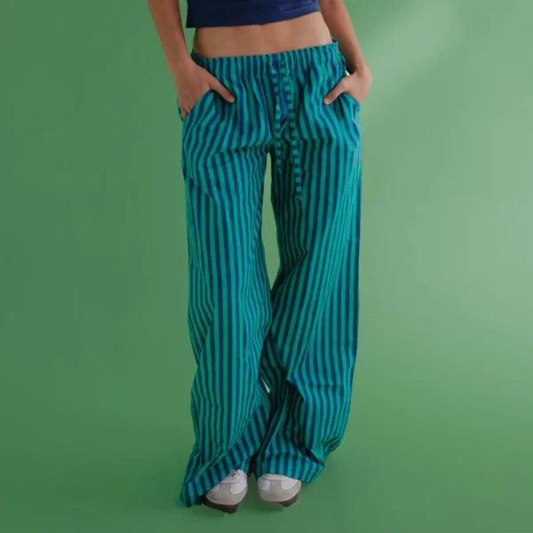 Combhasaki Women's Y2K Vintage Summer Baggy Long Pants Drawstring Elastic Low Waist Wide Leg Striped Trousers with 2 Pockets - Image 8