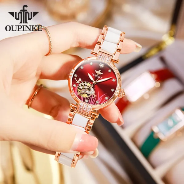 OUPINKE 3211 Women's Watch Elegant Rose Gold Diamond Ceramic Automatic Machinery Women's Watch Luxury Brand Women's Bracelet Set - Image 2
