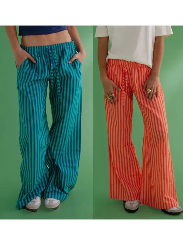 Combhasaki Women's Y2K Vintage Summer Baggy Long Pants Drawstring Elastic Low Waist Wide Leg Striped Trousers with 2 Pockets - Image 14