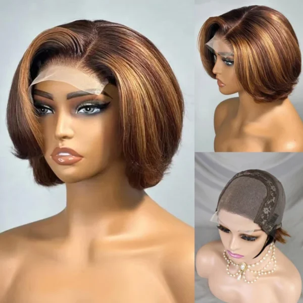 4/27 Highlight 4x4 Body Wave Glueless Closure 100%Human Hair Frontal Wigs Ombre Brown Mix Blonde Water Wave C Part Short Bob Wig - Image 4