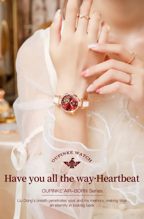 OUPINKE 3211 Women's Watch Elegant Rose Gold Diamond Ceramic Automatic Machinery Women's Watch Luxury Brand Women's Bracelet Set - Image 10