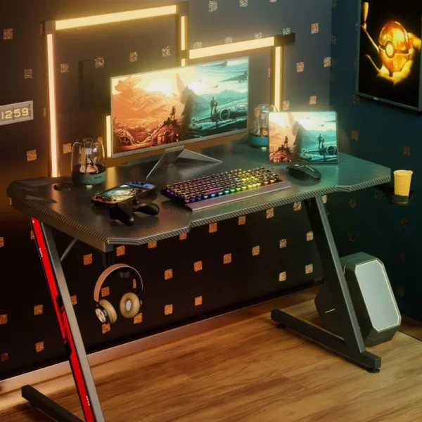 Game desk, carbon fiber surface computer desk, home office desk, with cup holder and headphone hook - Image 2