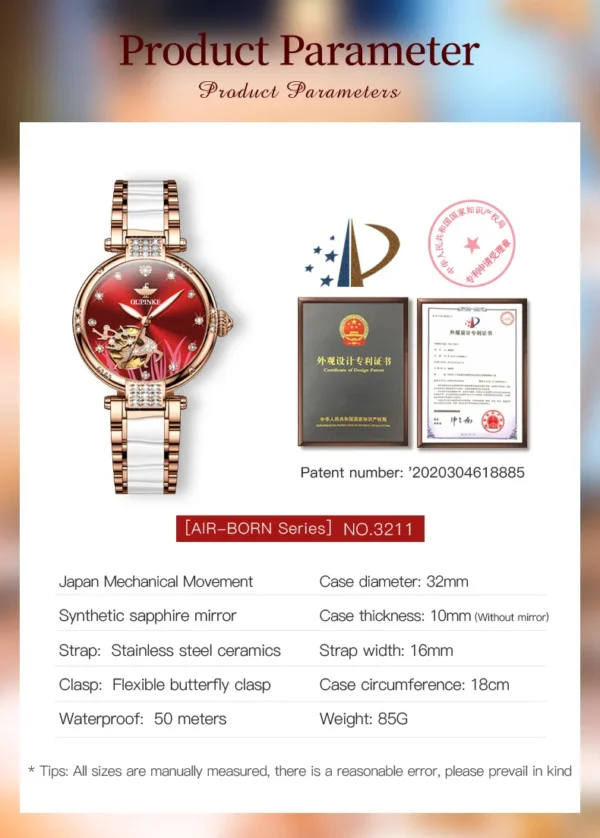 OUPINKE 3211 Women's Watch Elegant Rose Gold Diamond Ceramic Automatic Machinery Women's Watch Luxury Brand Women's Bracelet Set - Image 19