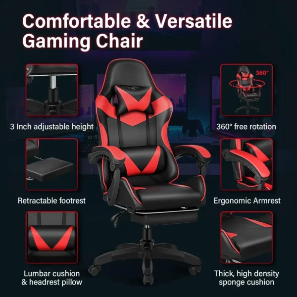 Gaming Chair, Backrest and Seat Height Adjustable Swivel Recliner Racing Office Computer Ergonomic Video Game Chair with Footres - Image 6
