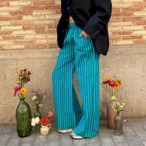 Combhasaki Women's Y2K Vintage Summer Baggy Long Pants Drawstring Elastic Low Waist Wide Leg Striped Trousers with 2 Pockets