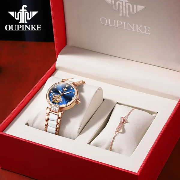 OUPINKE 3211 Women's Watch Elegant Rose Gold Diamond Ceramic Automatic Machinery Women's Watch Luxury Brand Women's Bracelet Set - Image 9