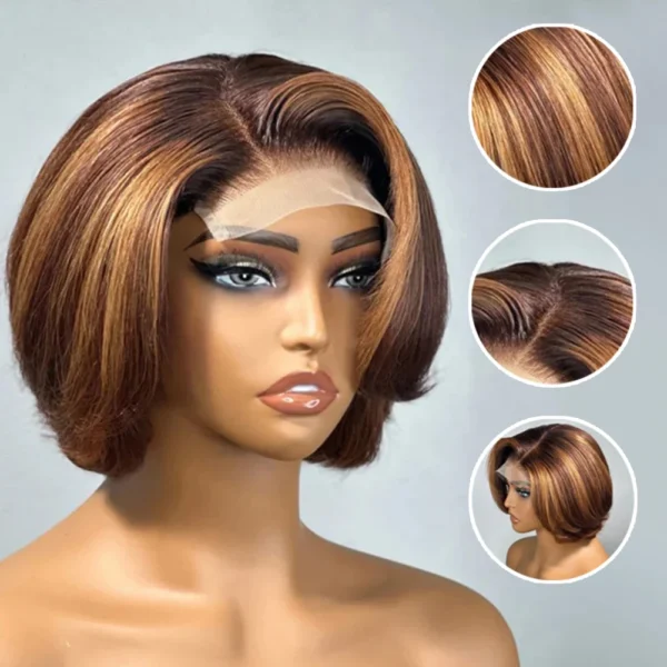 4/27 Highlight 4x4 Body Wave Glueless Closure 100%Human Hair Frontal Wigs Ombre Brown Mix Blonde Water Wave C Part Short Bob Wig - Image 2