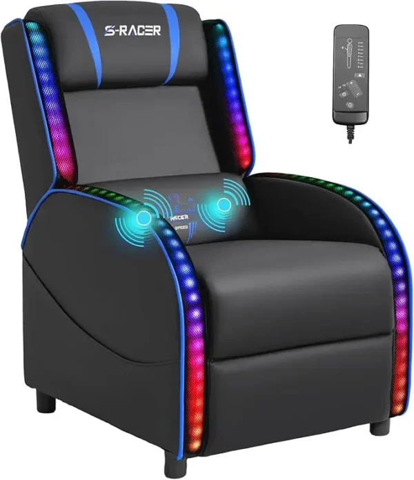 LED Gaming Massage Recliner Chair, Racing Style Single Living Room Sofa Comfortable Ergonomic Home Theater Seating, Chairs - Image 14