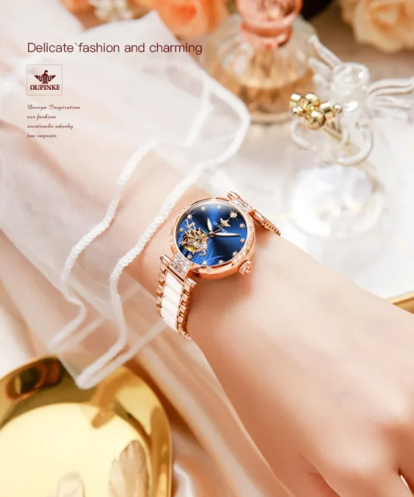 OUPINKE 3211 Women's Watch Elegant Rose Gold Diamond Ceramic Automatic Machinery Women's Watch Luxury Brand Women's Bracelet Set - Image 14