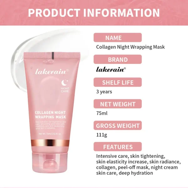 Lakerain Collagen Night Wrapping Mask Elasticity Hydration Care Reduces Sagging & Dullness Hydrolyzed Collagen For Glowing Skin - Image 19