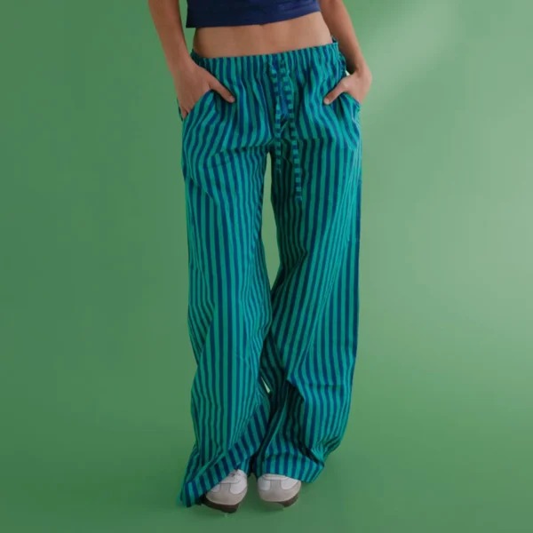 Combhasaki Women's Y2K Vintage Summer Baggy Long Pants Drawstring Elastic Low Waist Wide Leg Striped Trousers with 2 Pockets - Image 3