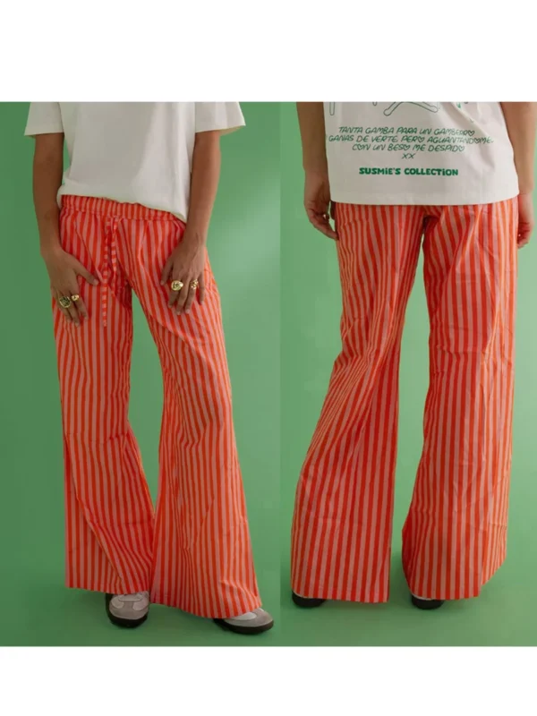 Combhasaki Women's Y2K Vintage Summer Baggy Long Pants Drawstring Elastic Low Waist Wide Leg Striped Trousers with 2 Pockets - Image 12
