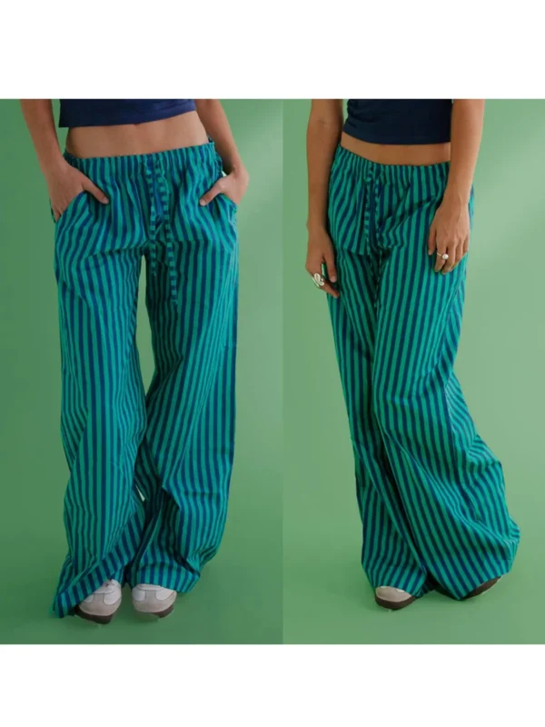 Combhasaki Women's Y2K Vintage Summer Baggy Long Pants Drawstring Elastic Low Waist Wide Leg Striped Trousers with 2 Pockets - Image 17