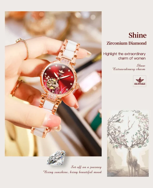 OUPINKE 3211 Women's Watch Elegant Rose Gold Diamond Ceramic Automatic Machinery Women's Watch Luxury Brand Women's Bracelet Set - Image 25