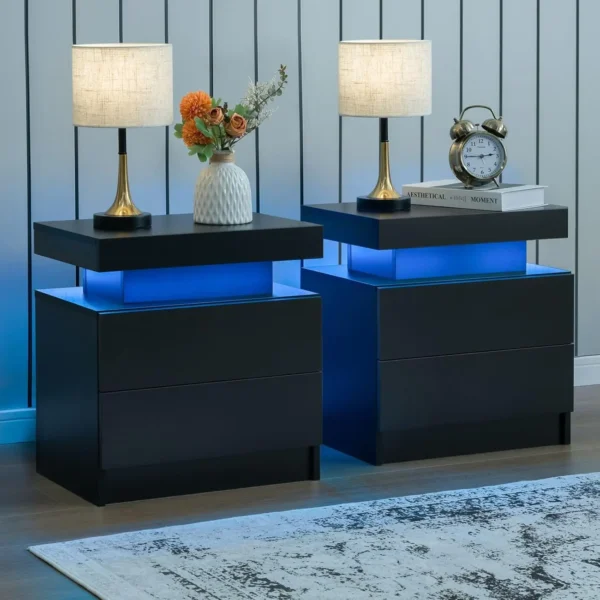 Nightstand Set of 2 LED Nightstand with 2 Drawers,Night Stand Set 2 with LED Light,Bedside Table with Drawers for Bedroom - Image 7